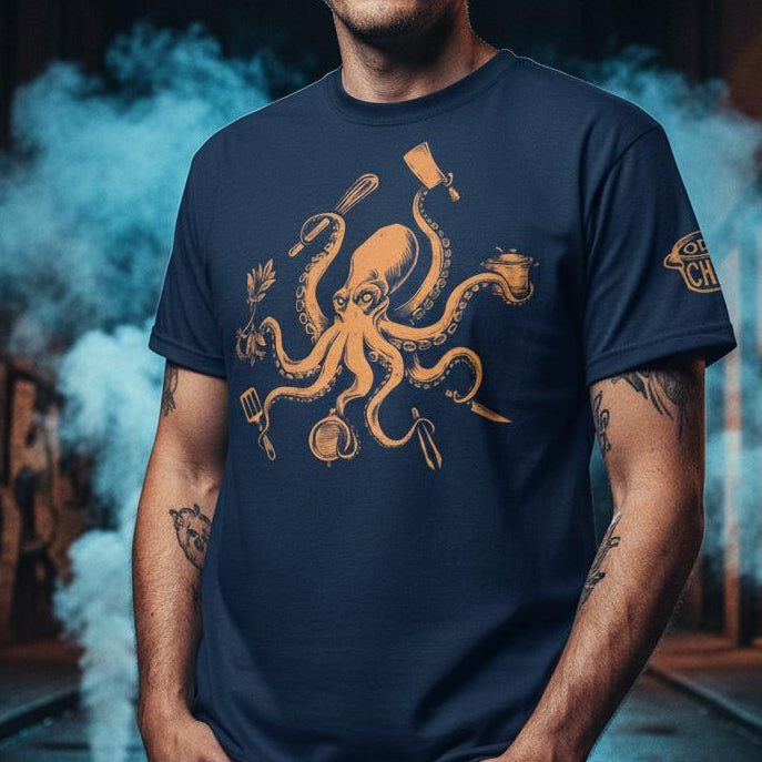 Man wearing a navy blue t-shirt with an octopus design in a dark alleyway.