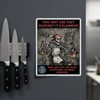 Poster with a skeleton and text on a wall next to knives