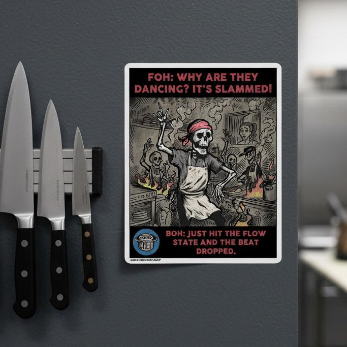 Poster with a skeleton and text on a wall next to knives