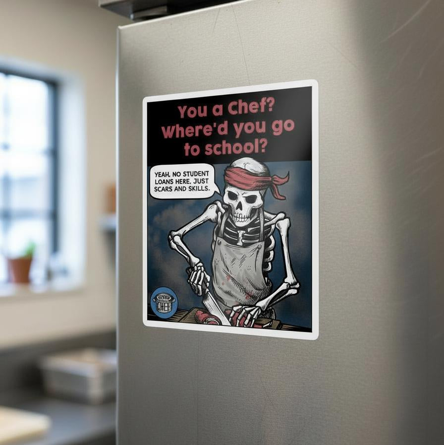 Cartoon skeleton sticker on a refrigerator with text, kitchen in the background