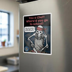 Cartoon skeleton sticker on a refrigerator with text, kitchen in the background