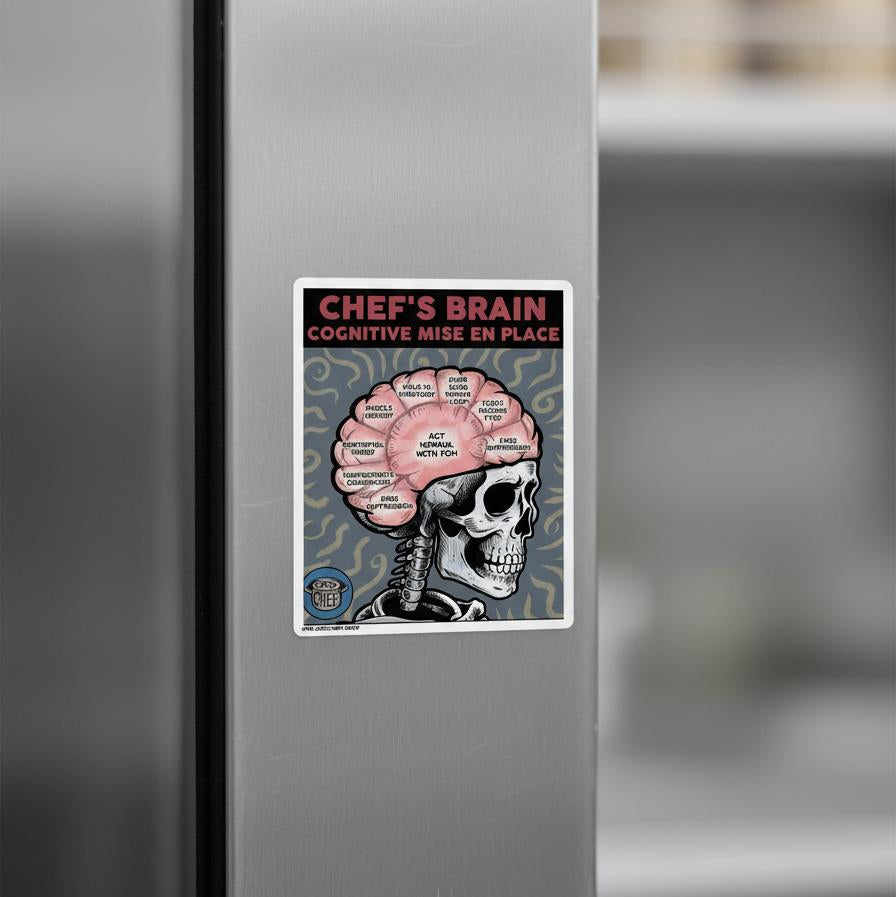 Fridge magnet with a skull design and text on a metallic surface