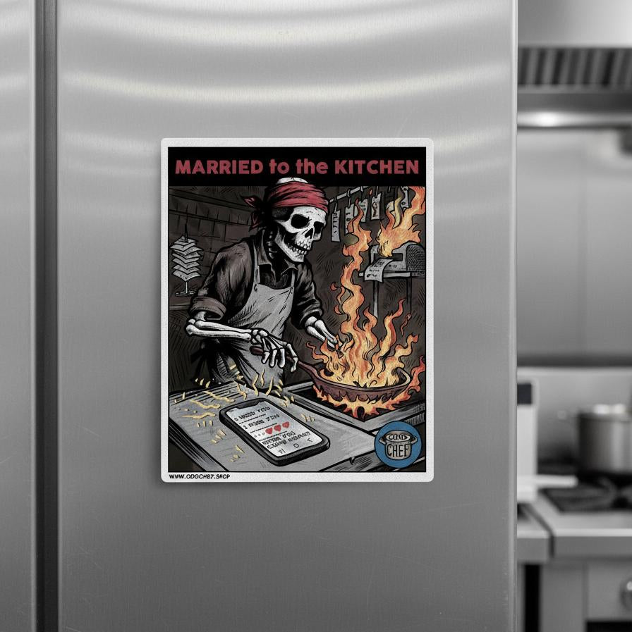 Fridge with a 'Married to the Kitchen' poster featuring a skeleton chef.