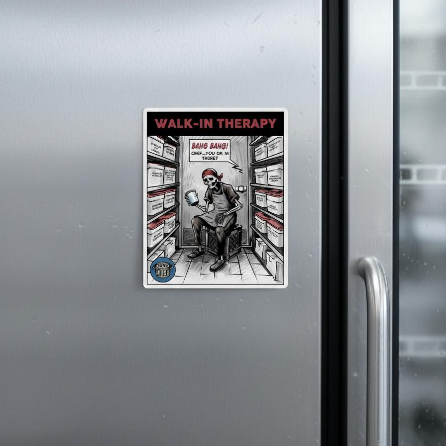 Fridge magnet with a graphic design of a person in a chair labeled 'Walk-In Therapy' on a metallic refrigerator.