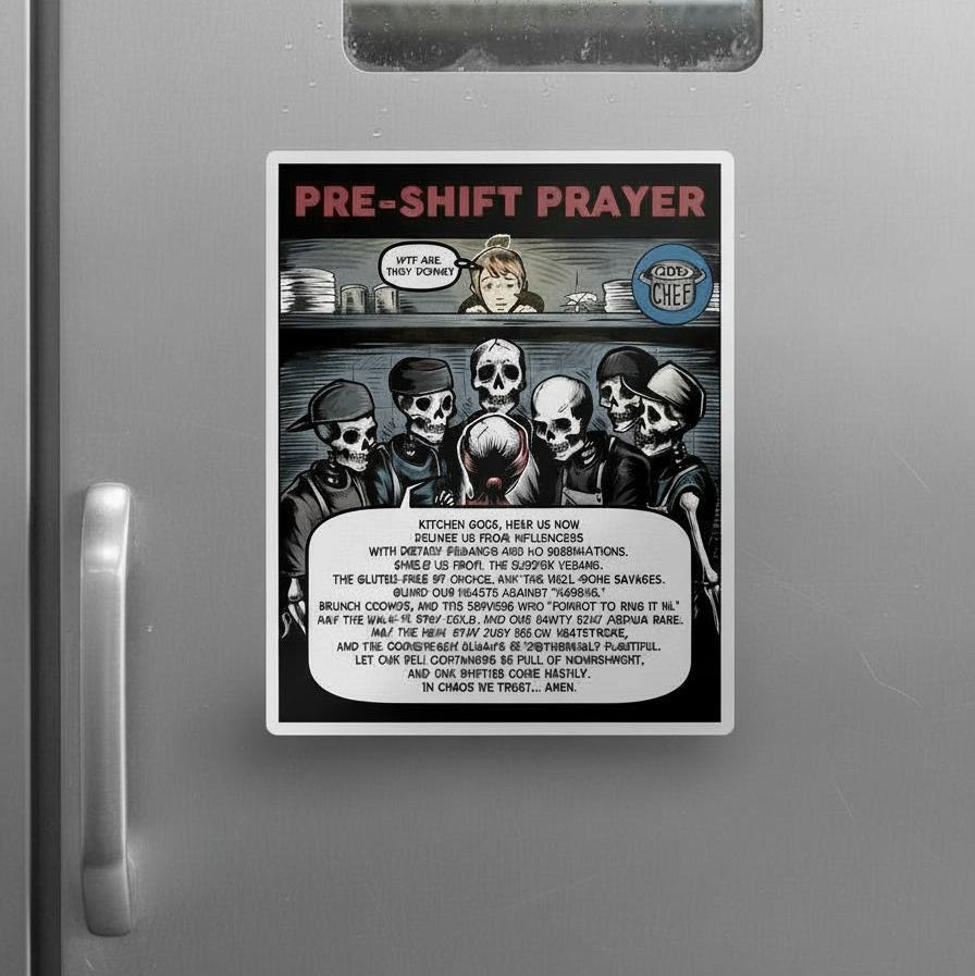 Fridge magnet with 'Pre-Shift Prayer' text and graphic on a metallic surface