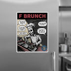 Fridge magnet with a skeleton chef design on a metallic refrigerator.