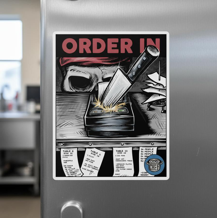 Fridge magnet with a graphic design of a chef and text 'ORDER IN' on a metallic refrigerator.