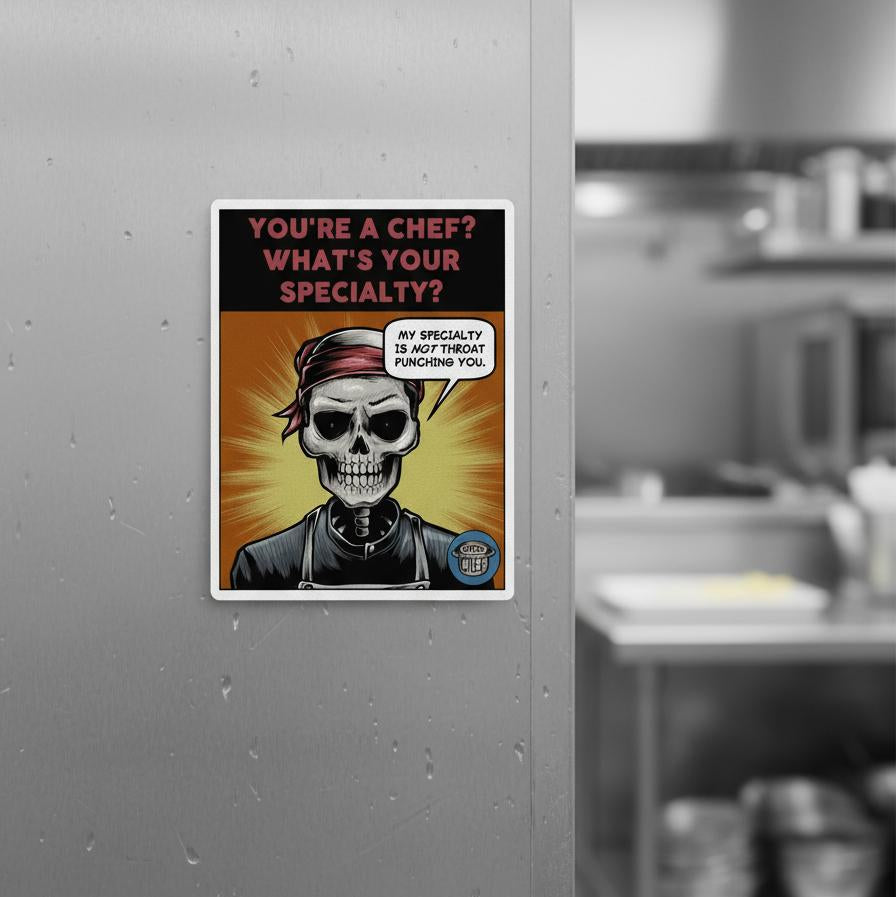 Cartoon skull character with text on a metallic surface in a kitchen setting