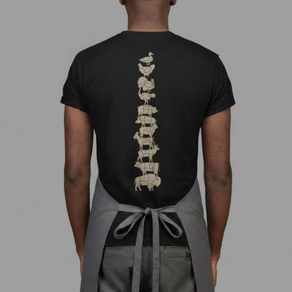 Person wearing a black t-shirt with a unique design on the back against a gray background