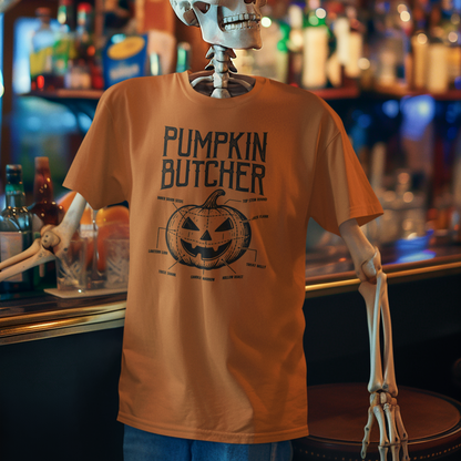 Skeleton wearing a 'Pumpkin Butcher' shirt in a bar setting