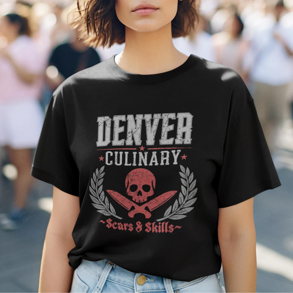 Person wearing a black t-shirt with 'Denver Culinary' design in an outdoor setting