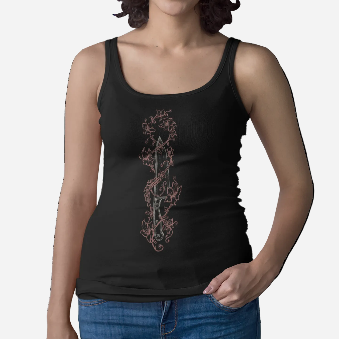 Person wearing a black tank top with text on a white background