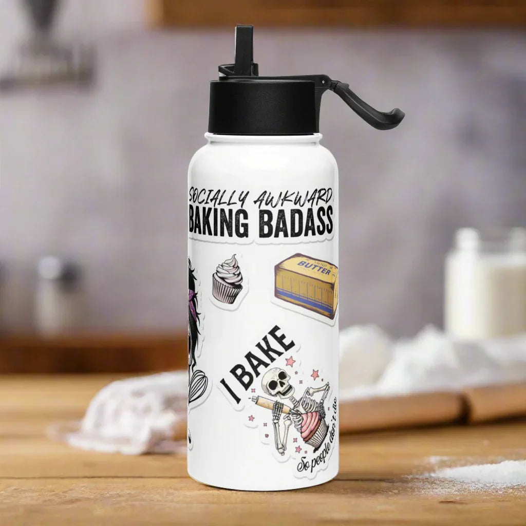 Bakers Sticker Style Stainless steel water bottle with a straw lid - Odd Chef
