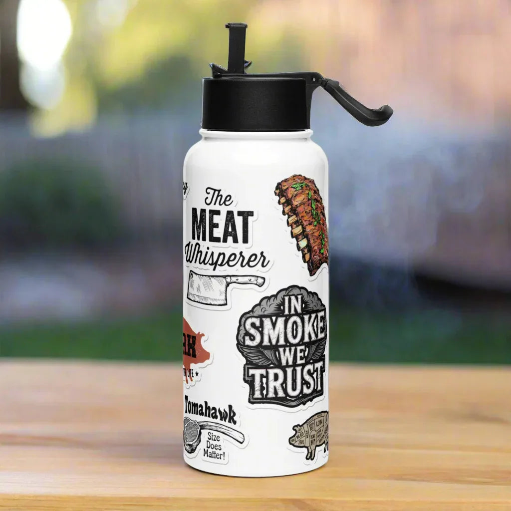 BBQ Sticker Style Stainless steel water bottle with a straw lid - Odd Chef