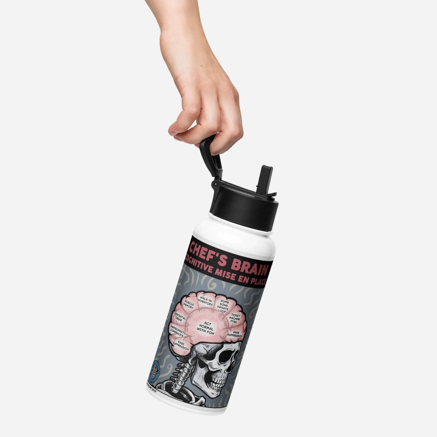 Water bottle with a skull and brain design labeled 'Chef's Brain' on a white background