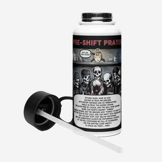 Water bottle with graphic design and text on a white background