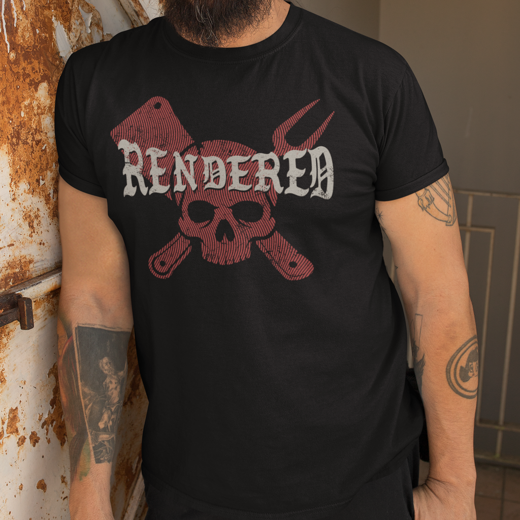 Man wearing a black t-shirt with 'Rendered' design leaning against a wall.