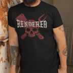 Man wearing a black t-shirt with 'Rendered' design leaning against a wall.