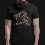 Man wearing a black t-shirt with a graphic design of an ape on a dark background