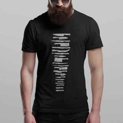 Man wearing a black t-shirt with text on a white background