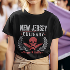 Person wearing a black t-shirt with 'New Jersey Culinary' design.