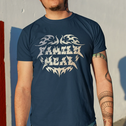 Man wearing a navy blue t-shirt with white graphic design against a gray wall.
