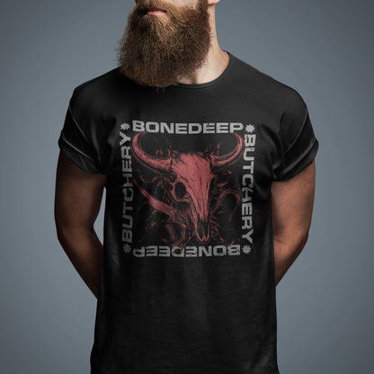 Man wearing a black t-shirt with 'Bonedeep Butchery' logo on a gray background