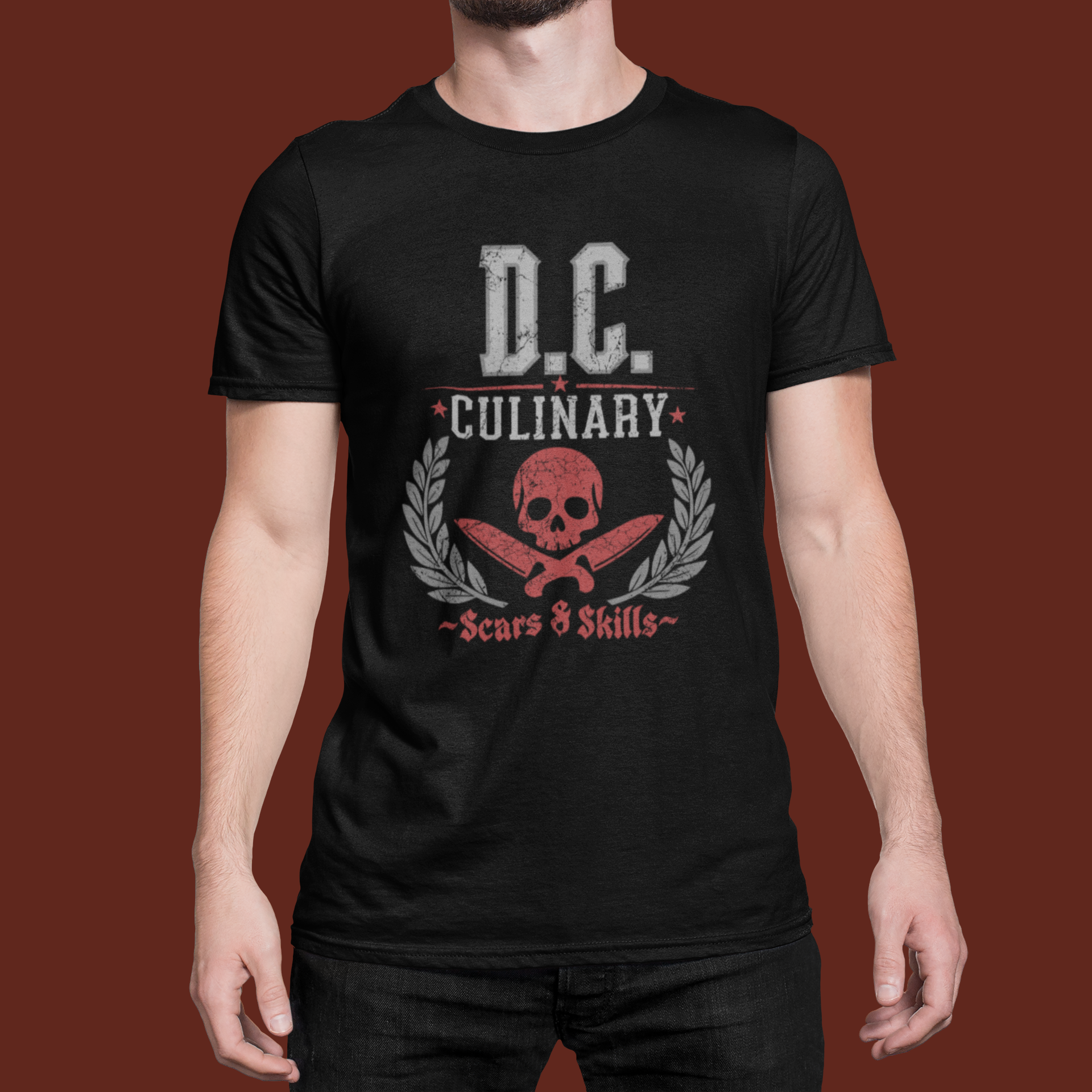 Black t-shirt with 'D.C. Culinary' design featuring a skull and crossed knives on a brown background.