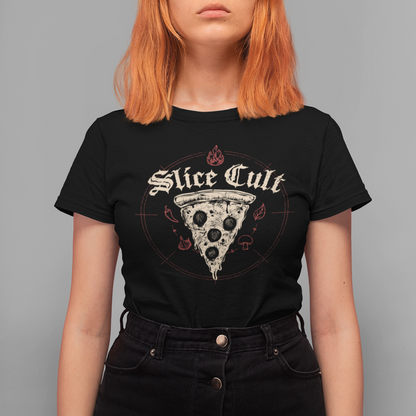 A model with bright orange hair wearing a black graphic t-shirt featuring a pizza slice with a skull and the text 'Slice Cult'.