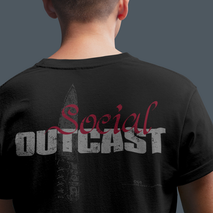 A person shown from the back wearing a black graphic T-shirt. The shirt features a distressed gray graphic of a tower and the word 'OUTCAST' in large gray letters, overlaid with a red script word 'Social'.