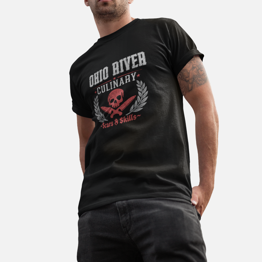 Man wearing a black t-shirt with 'Ohio River Culinary' design on a white background