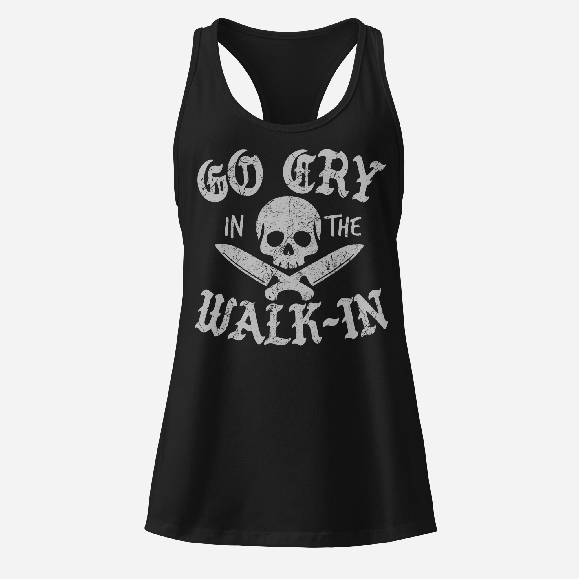 Go Cry in the Walk-in Distressed Women’s Fitted Racerback Tank Top