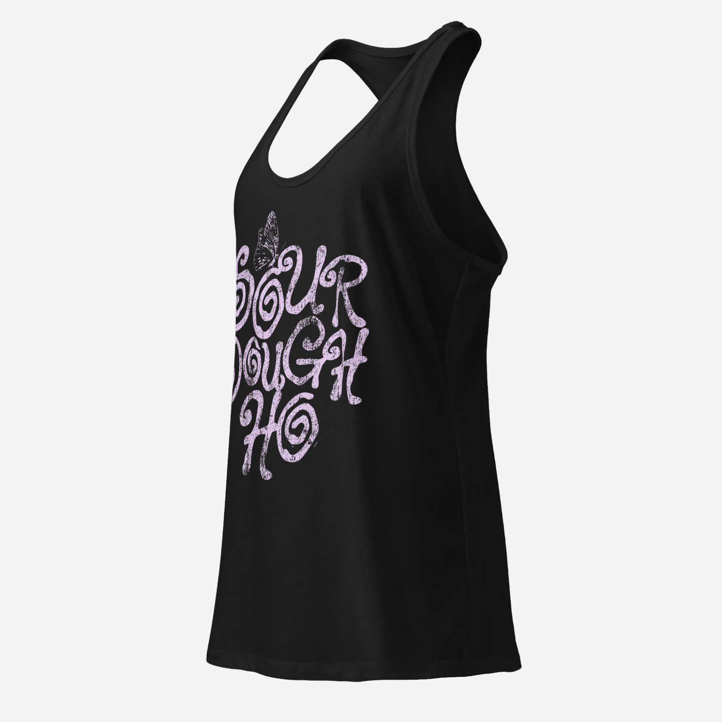 A black racerback tank top featuring a distressed light purple graphic on the front that reads 'SOUR DROUGHT HO' with a small witch hat icon above, shown against a plain white background.